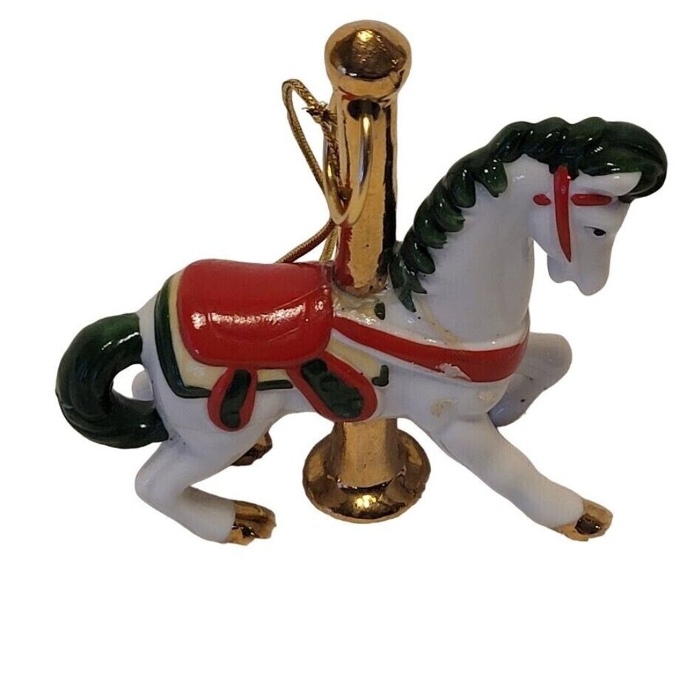 Vintage Carousel Horse Ornament White Red Green Gold Trim Holiday Decor